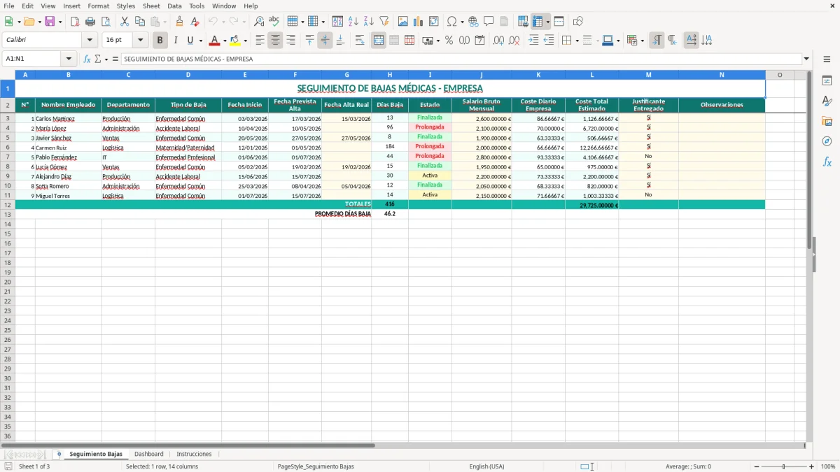 Captura 1: hoja Seguimiento Bajas - Plantilla Excel plantilla baja medica seguimiento excel