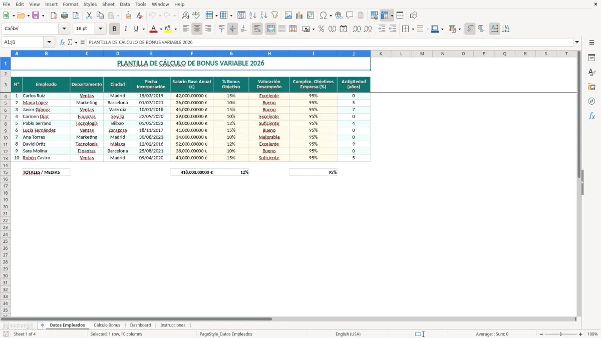 Captura 1: hoja Datos Empleados - Plantilla Excel plantilla bonus variable calculo excel