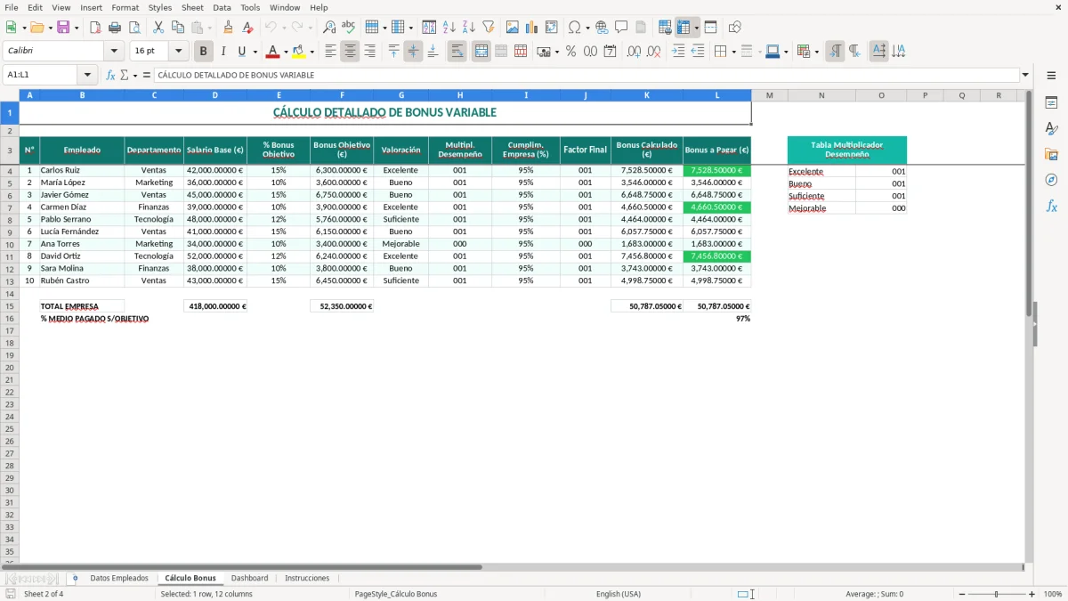 Captura 2: hoja Cálculo Bonus - Plantilla Excel plantilla bonus variable calculo excel