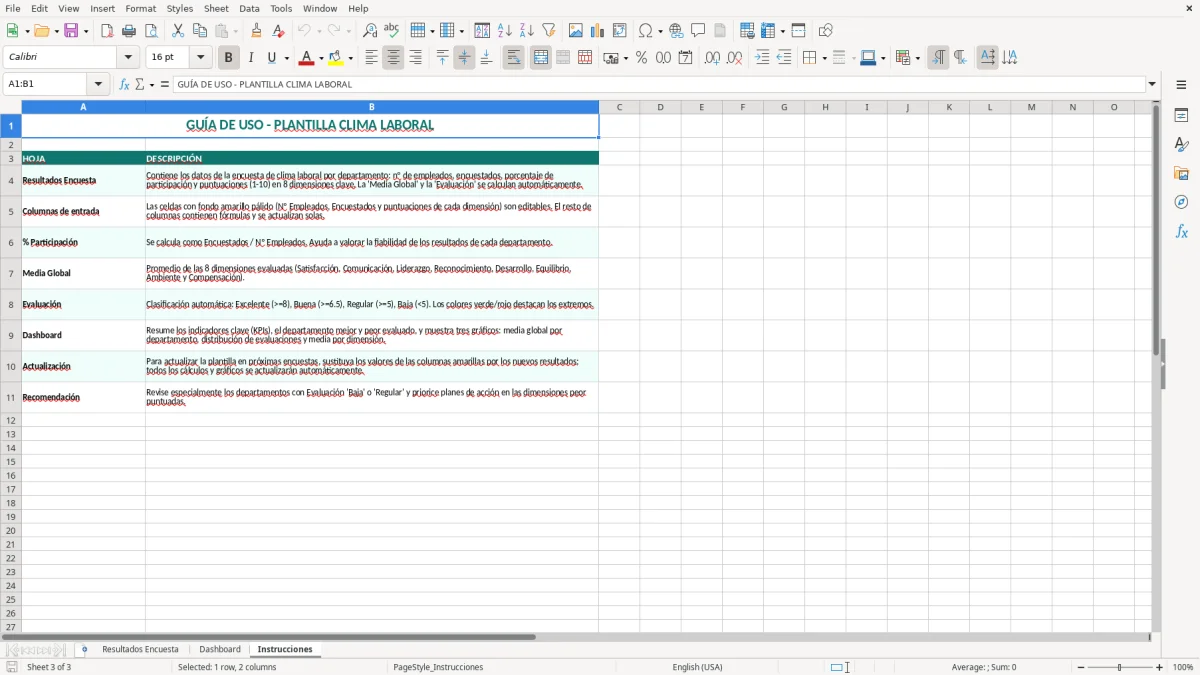 Captura 3: hoja Instrucciones - Plantilla Excel plantilla clima laboral resultados excel