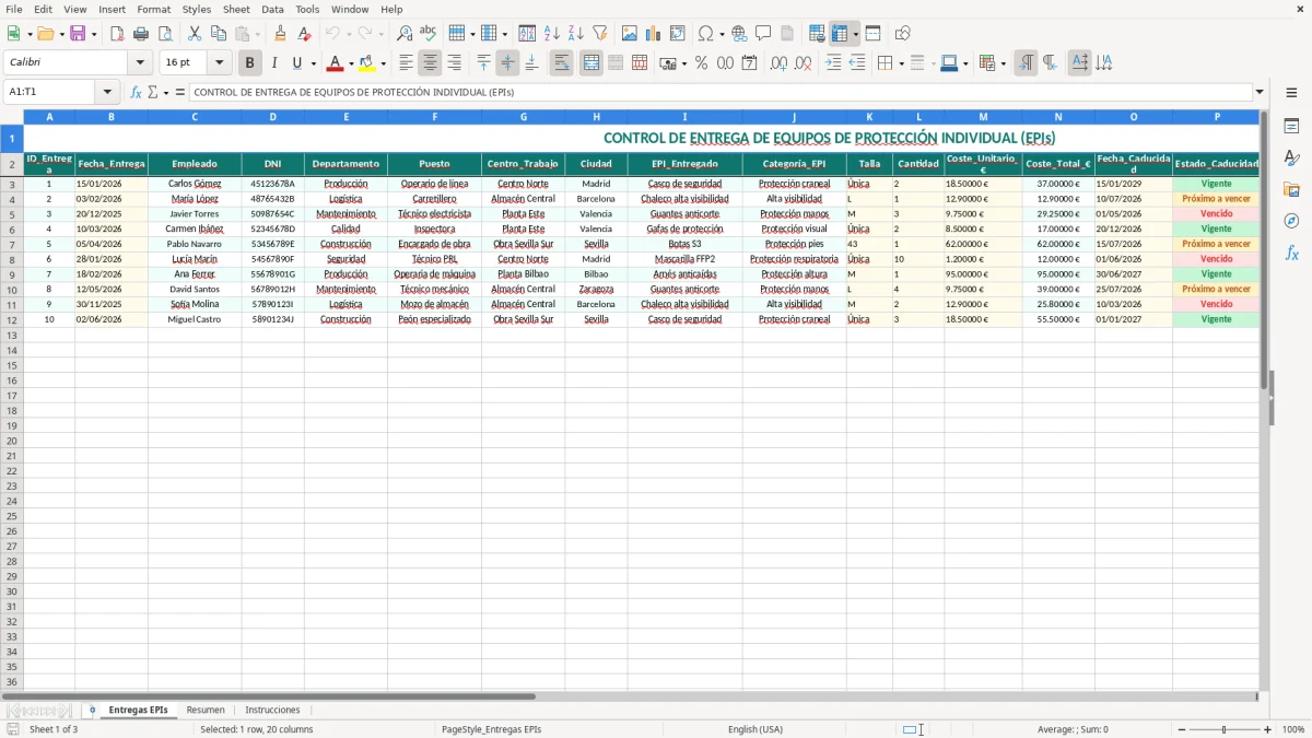 Captura 1: hoja Entregas EPIs - Plantilla Excel plantilla control de epis entrega excel