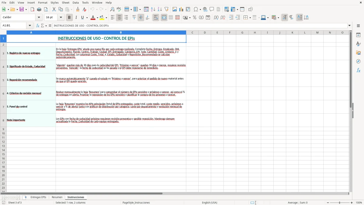 Captura 3: hoja Instrucciones - Plantilla Excel plantilla control de epis entrega excel