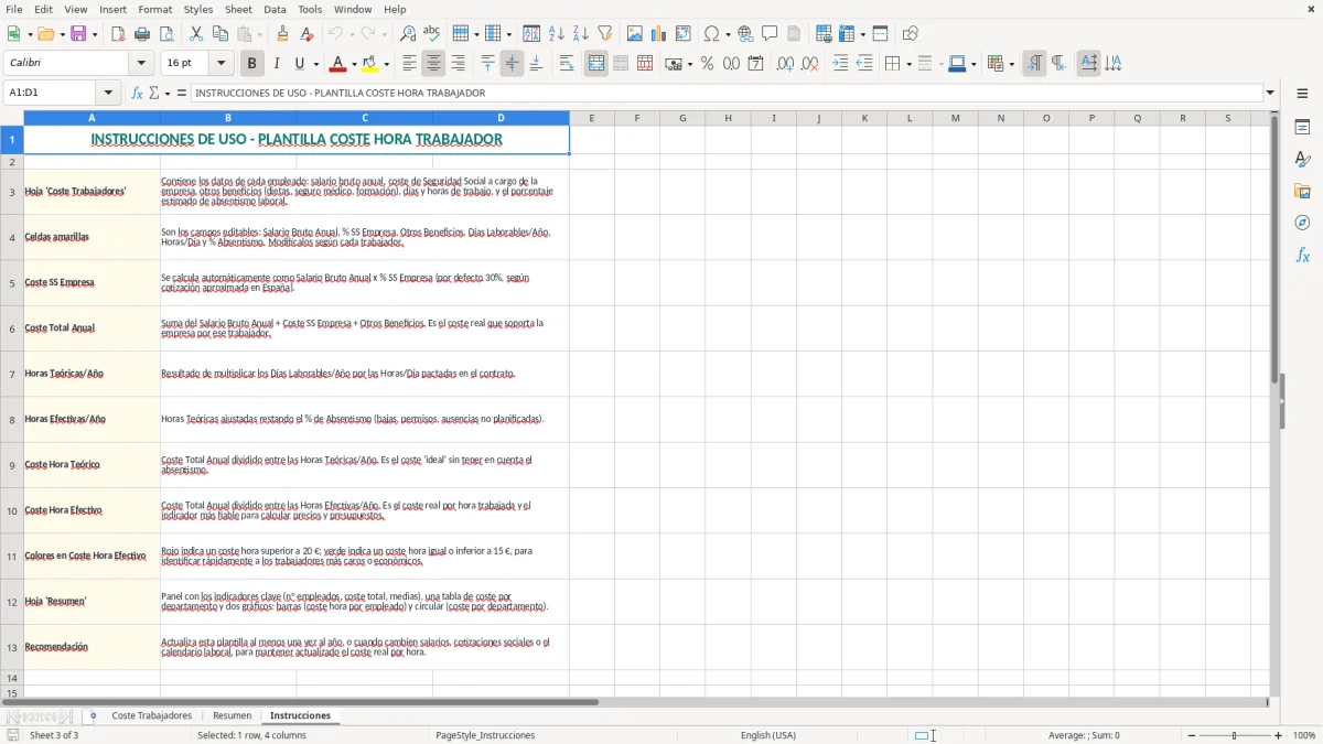 Captura 3: hoja Instrucciones - Plantilla Excel plantilla coste hora trabajador excel