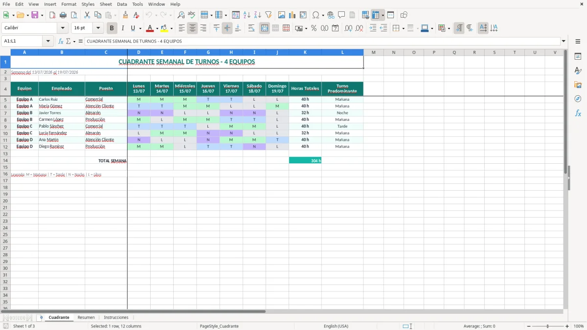Captura 1: hoja Cuadrante - Plantilla Excel plantilla cuadrante 4 equipos excel