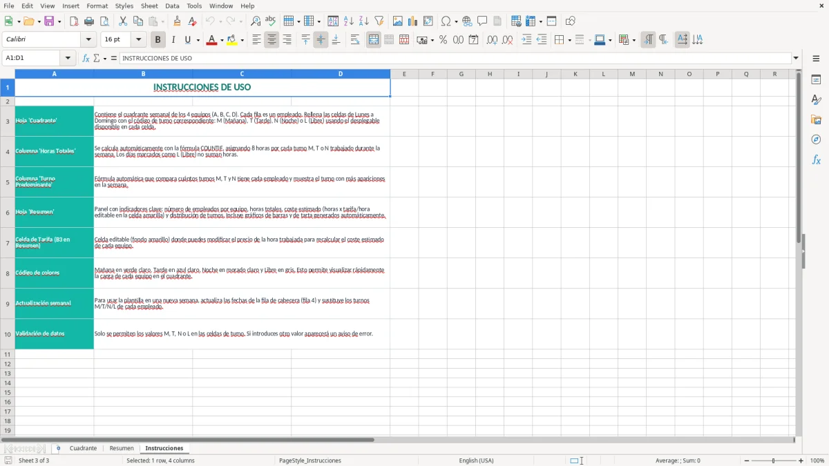 Captura 3: hoja Instrucciones - Plantilla Excel plantilla cuadrante 4 equipos excel