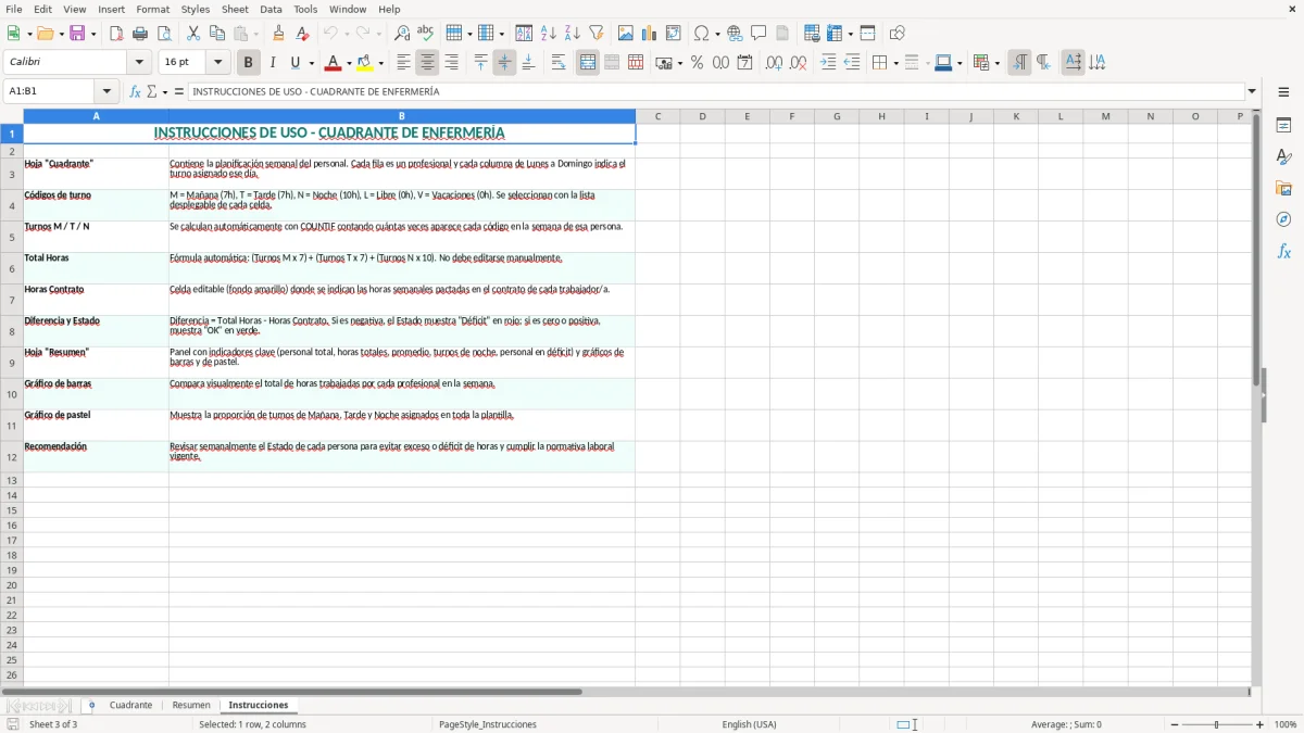 Captura 3: hoja Instrucciones - Plantilla Excel plantilla cuadrante enfermeria excel