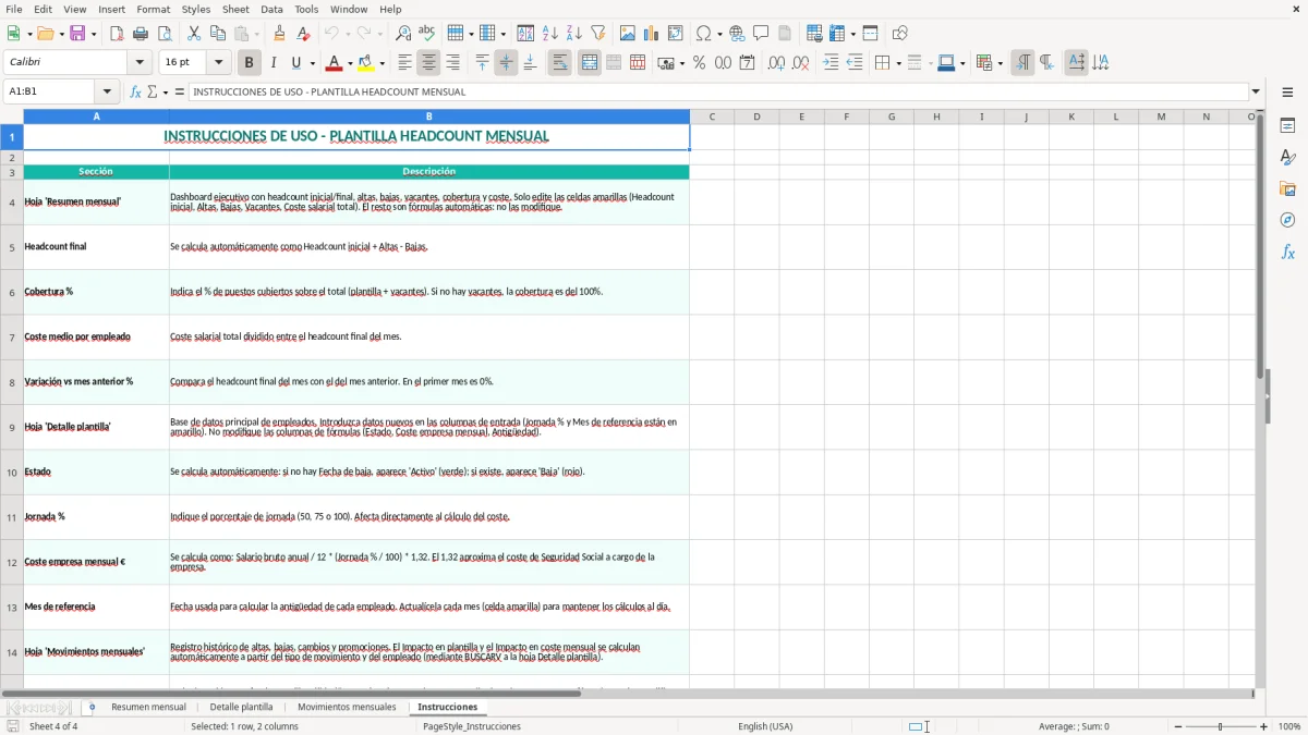 Captura 4: hoja Instrucciones - Plantilla Excel plantilla headcount mensual excel