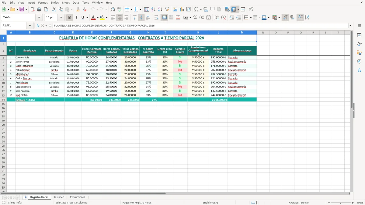 Captura 1: hoja Registro Horas - Plantilla Excel plantilla horas complementarias excel