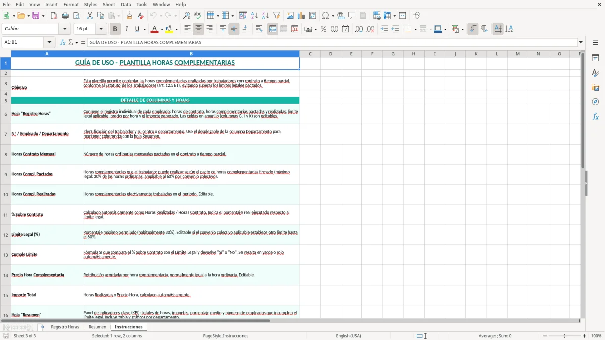 Captura 3: hoja Instrucciones - Plantilla Excel plantilla horas complementarias excel