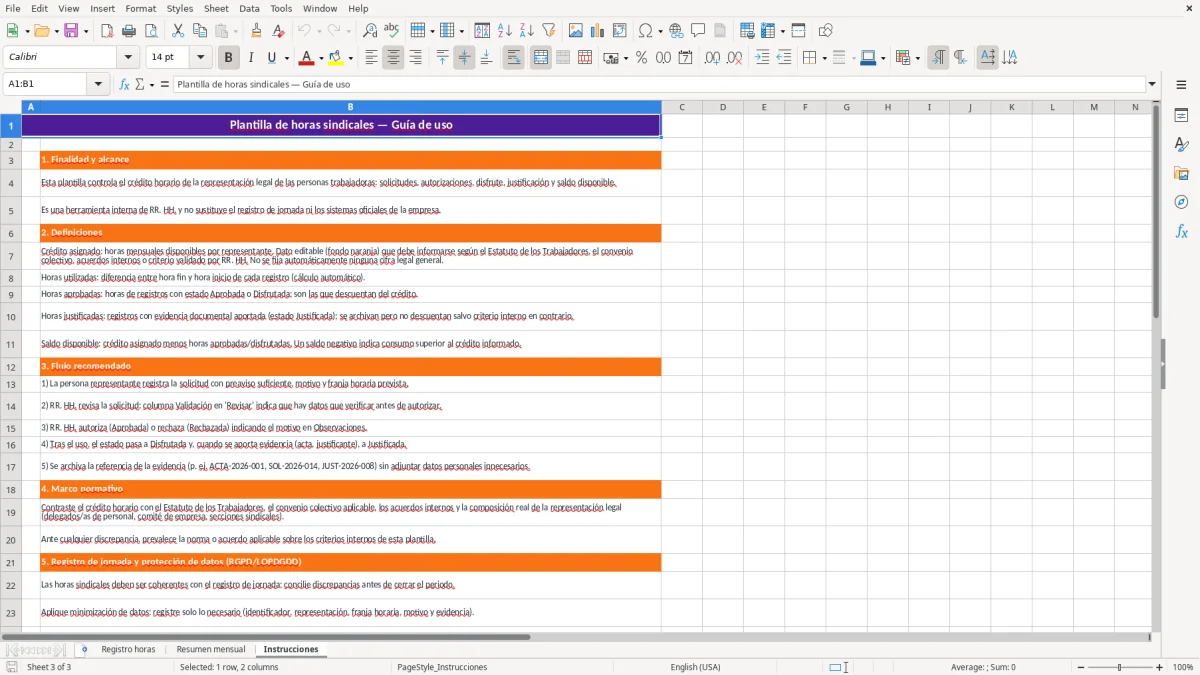 Captura 3: hoja Instrucciones - Plantilla Excel plantilla horas sindicales excel