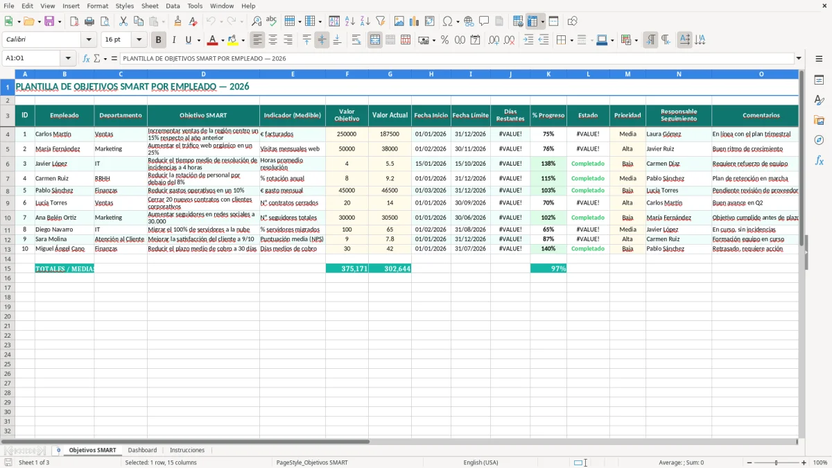 Captura 1: hoja Objetivos SMART - Plantilla Excel plantilla objetivos smart empleados excel