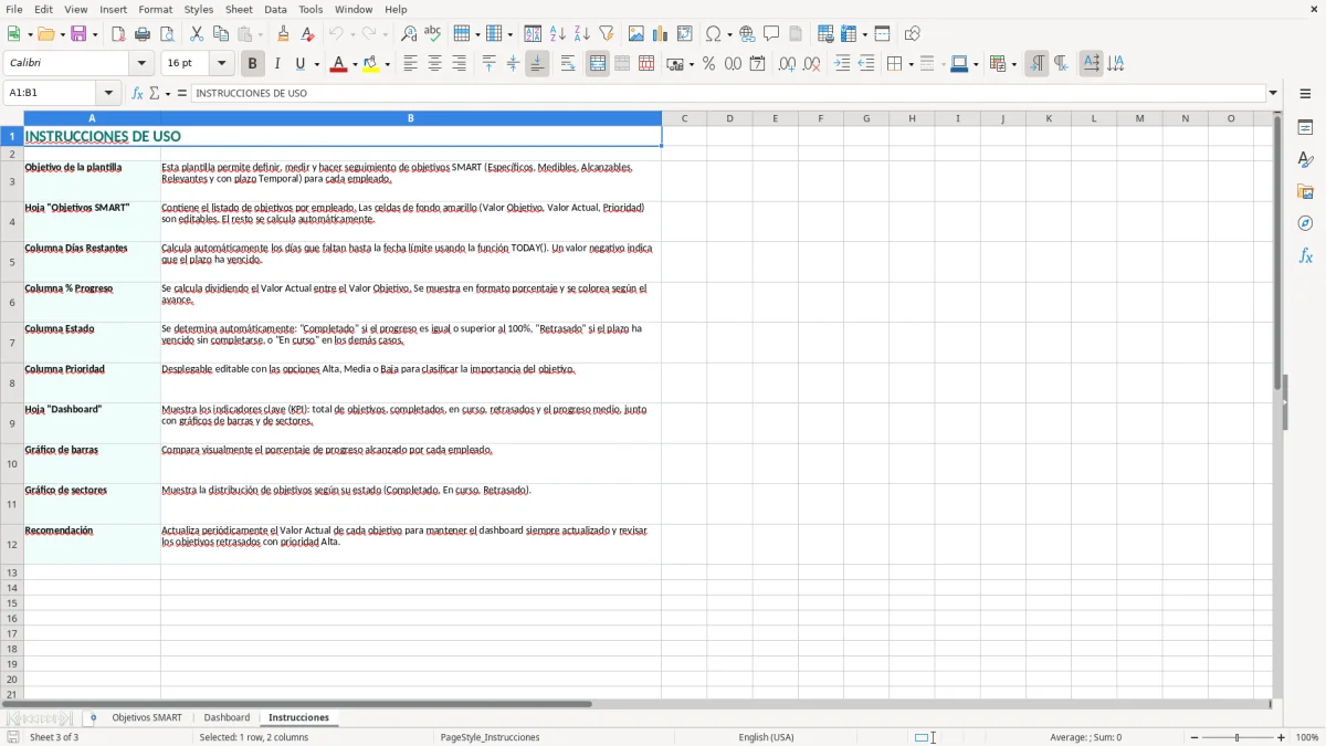 Captura 3: hoja Instrucciones - Plantilla Excel plantilla objetivos smart empleados excel