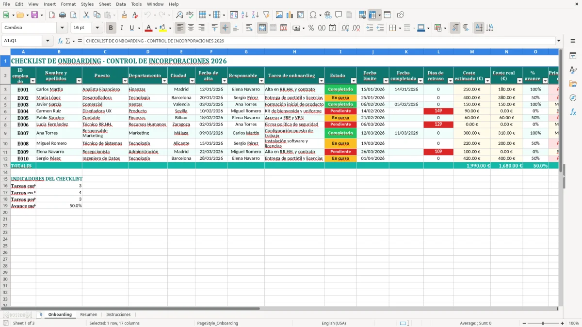 Captura 1: hoja Onboarding - Plantilla Excel plantilla onboarding checklist excel