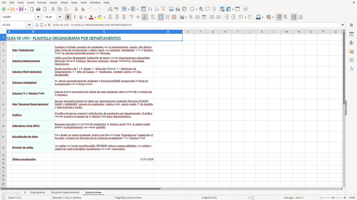 Captura 3: hoja Instrucciones - Plantilla Excel plantilla organigrama por departamentos excel