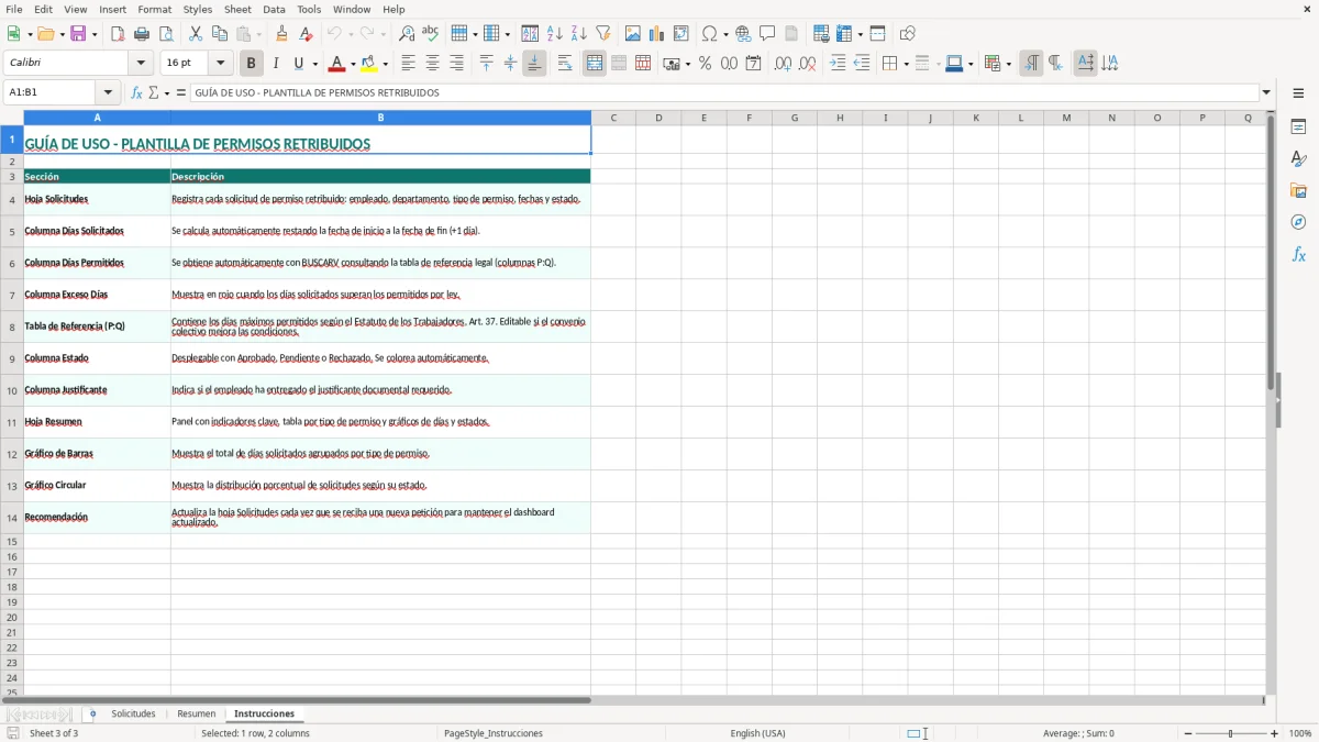 Captura 3: hoja Instrucciones - Plantilla Excel plantilla permisos retribuidos excel