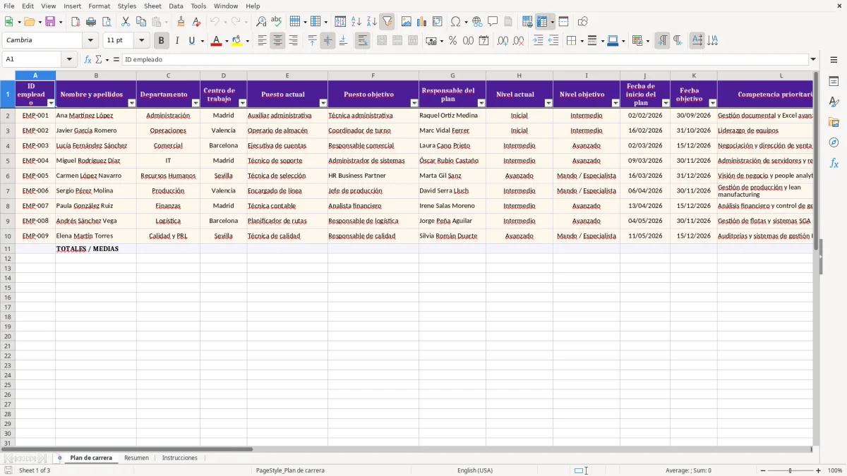 Captura 1: hoja Plan de carrera - Plantilla Excel plantilla plan de carrera excel