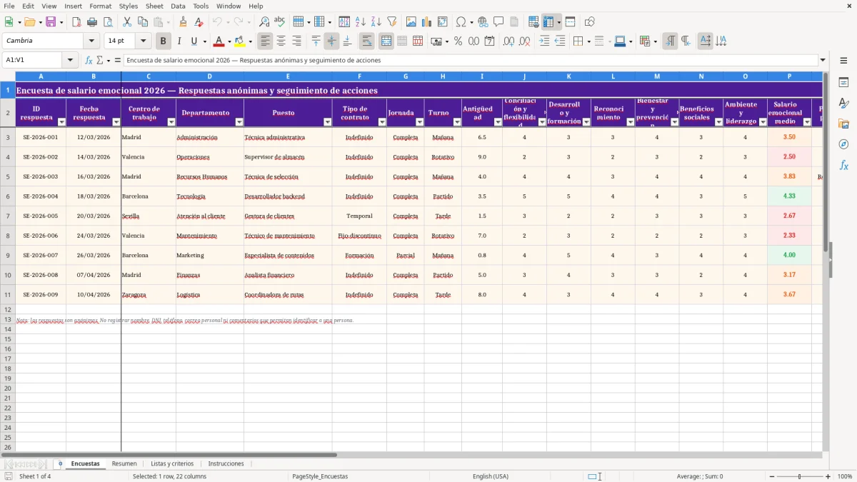 Captura 1: hoja Encuestas - Plantilla Excel plantilla salario emocional encuesta excel