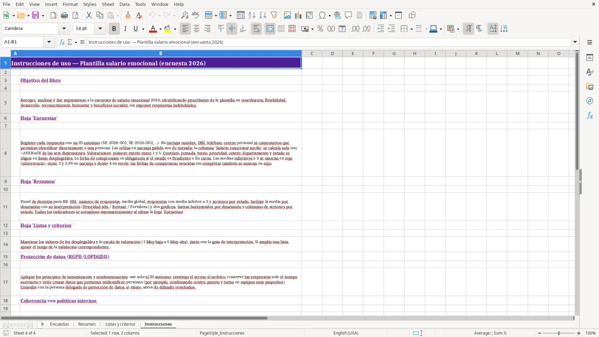 Captura 4: hoja Instrucciones - Plantilla Excel plantilla salario emocional encuesta excel