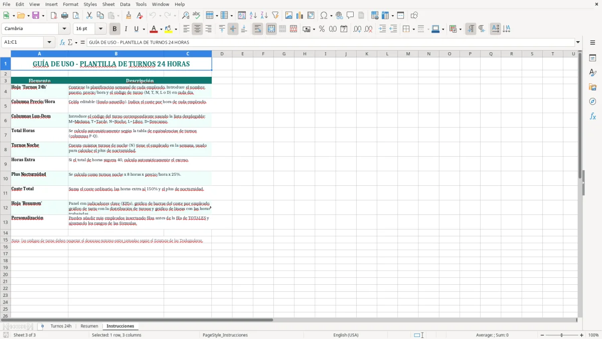 Captura 3: hoja Instrucciones - Plantilla Excel plantilla turnos 24 horas excel