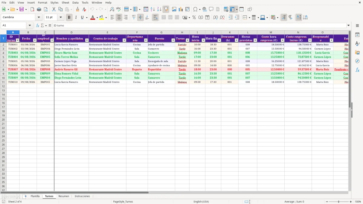 Captura 2: hoja Turnos - Plantilla Excel plantilla turnos restaurante excel