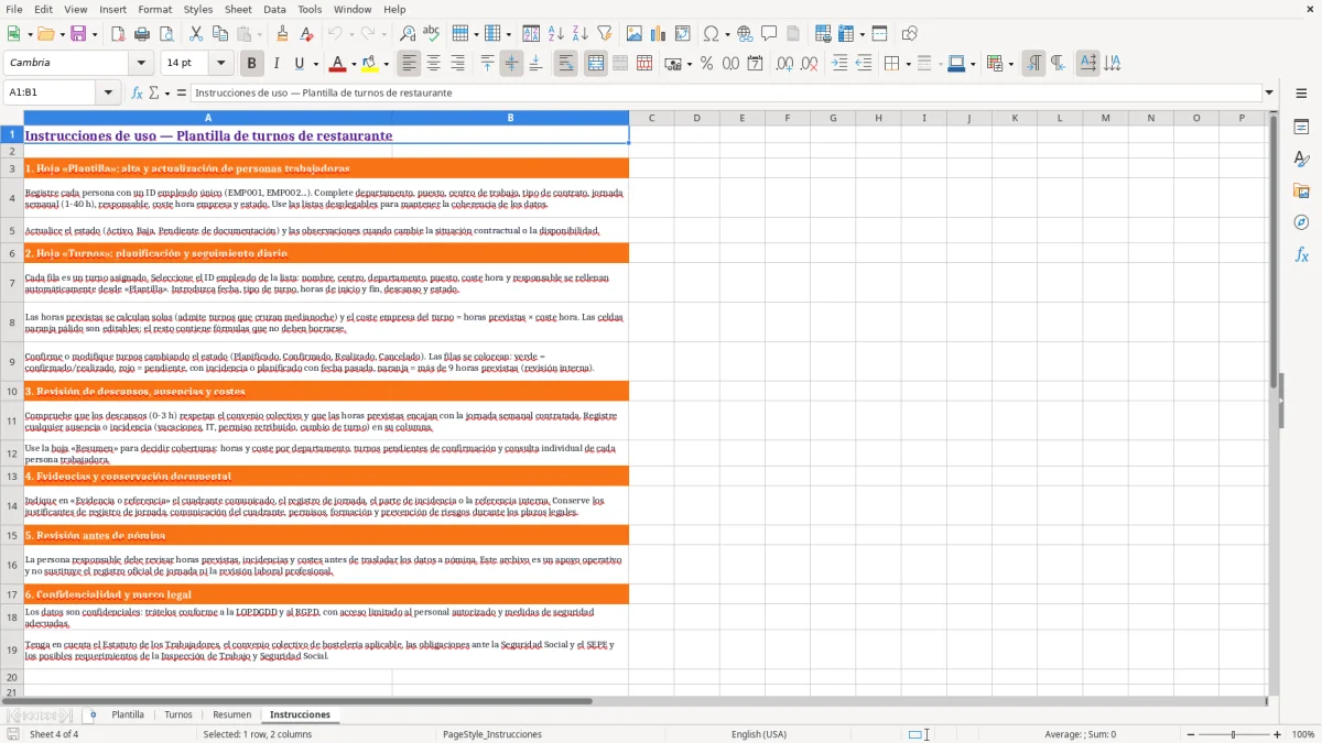Captura 4: hoja Instrucciones - Plantilla Excel plantilla turnos restaurante excel
