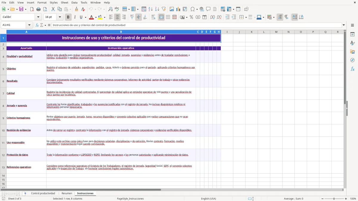 Captura 3: hoja Instrucciones - Plantilla Excel plantilla control de productividad excel