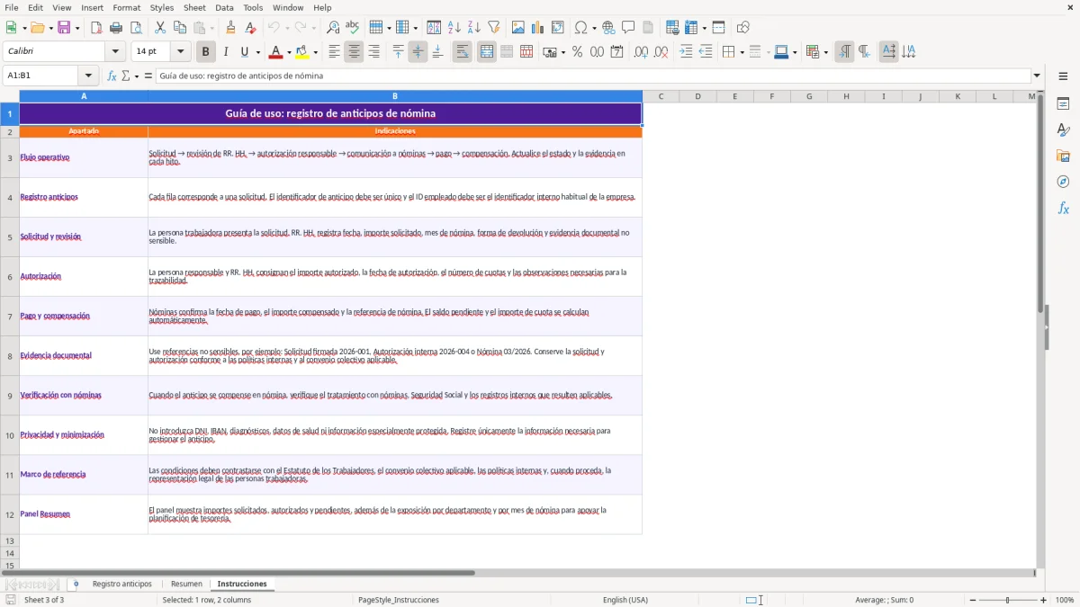 Captura 3: hoja Instrucciones - Plantilla Excel plantilla anticipo de nomina registro excel