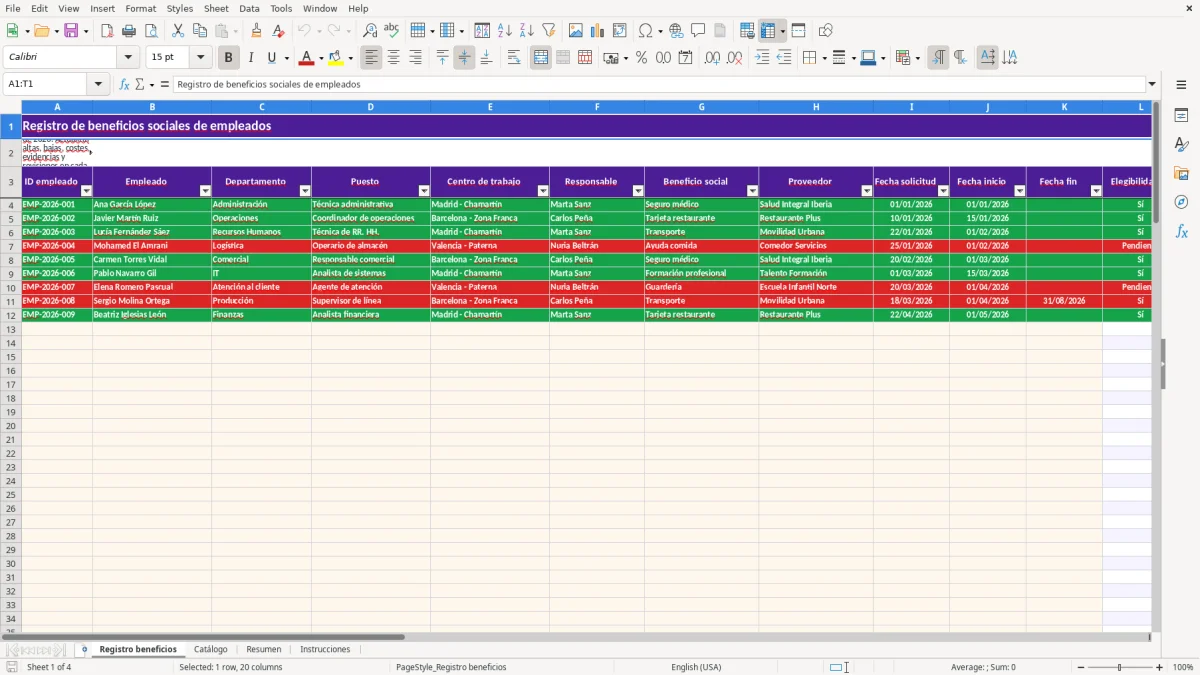 Captura 1: hoja Registro beneficios - Plantilla Excel plantilla beneficios sociales empleados excel