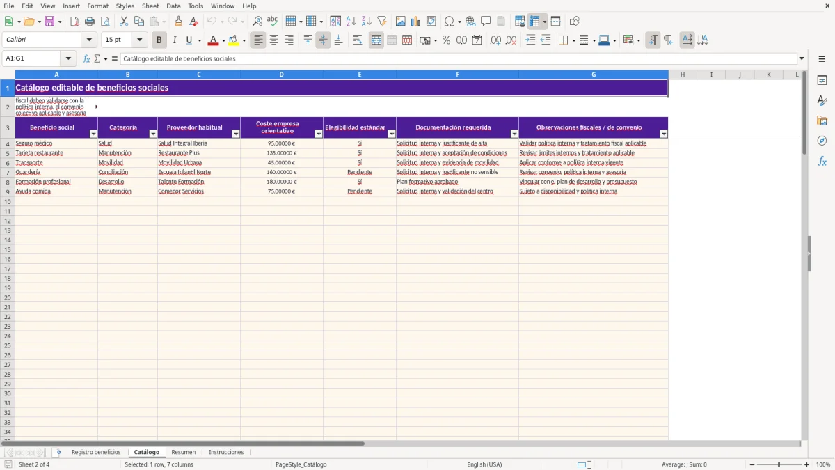 Captura 2: hoja Catálogo - Plantilla Excel plantilla beneficios sociales empleados excel