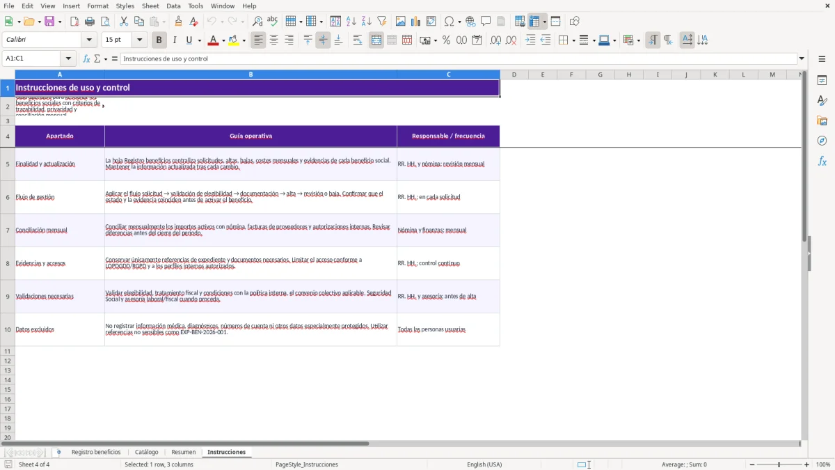 Captura 4: hoja Instrucciones - Plantilla Excel plantilla beneficios sociales empleados excel