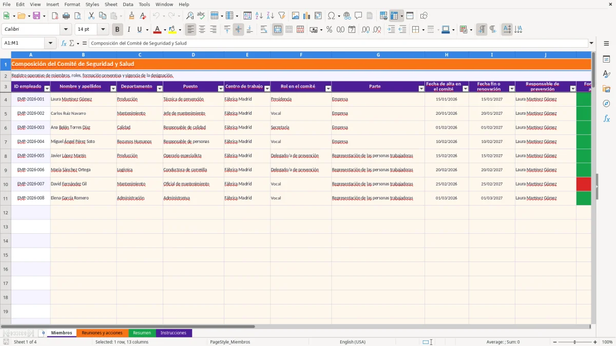 Captura 1: hoja Miembros - Plantilla Excel plantilla comite de seguridad y salud excel