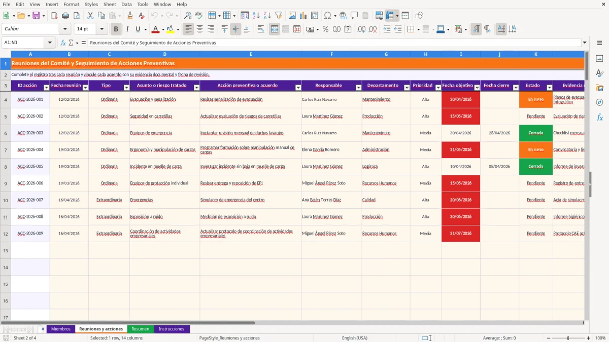 Captura 2: hoja Reuniones y acciones - Plantilla Excel plantilla comite de seguridad y salud excel