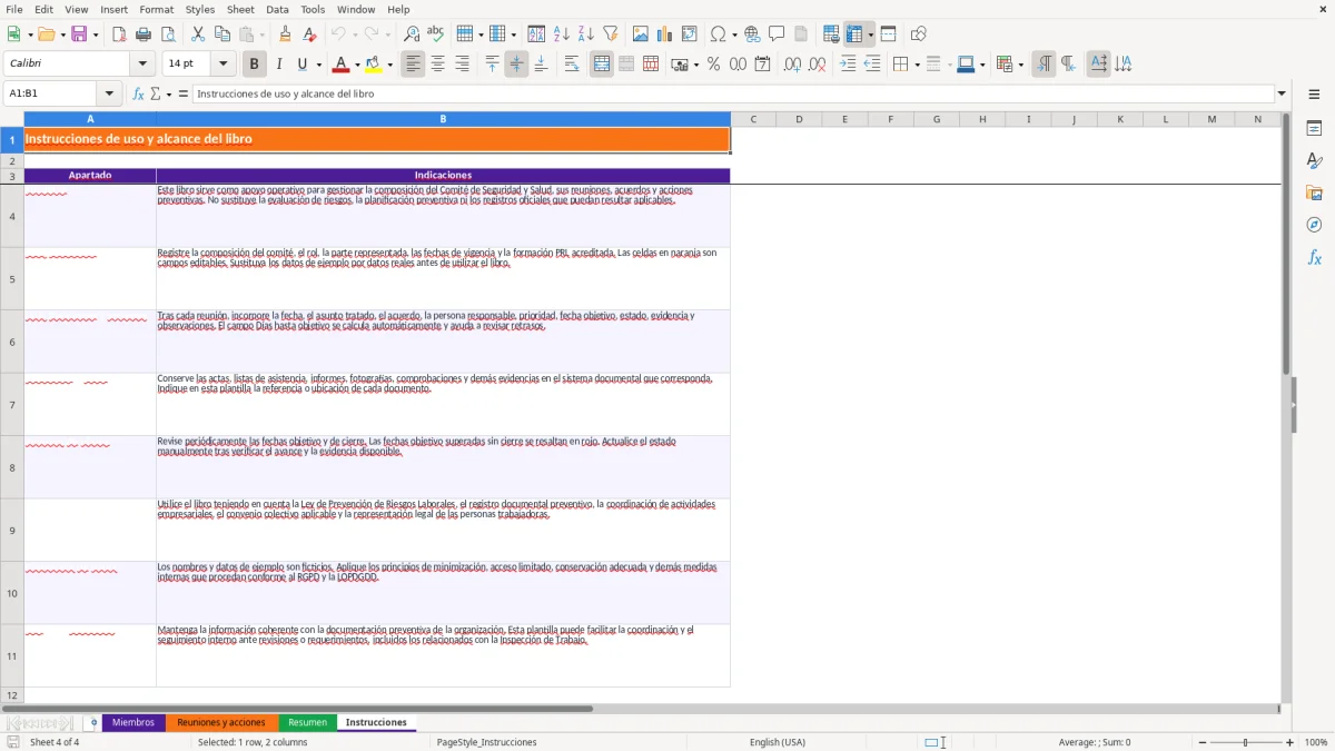 Captura 4: hoja Instrucciones - Plantilla Excel plantilla comite de seguridad y salud excel
