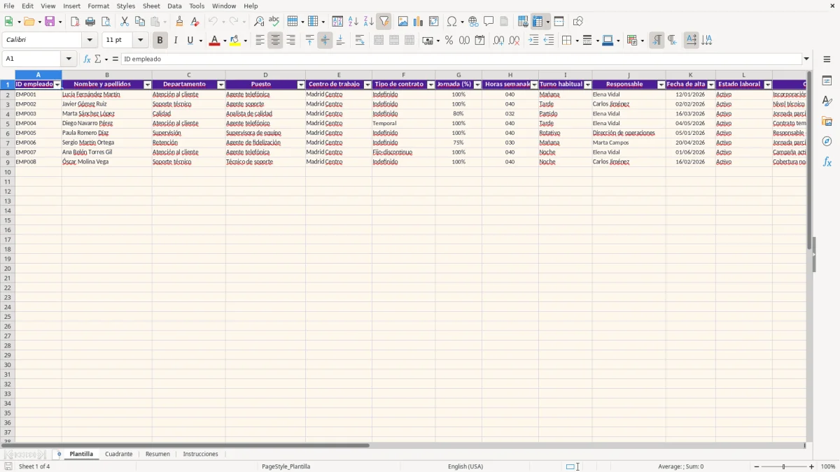 Captura 1: hoja Plantilla - Plantilla Excel plantilla cuadrante call center excel