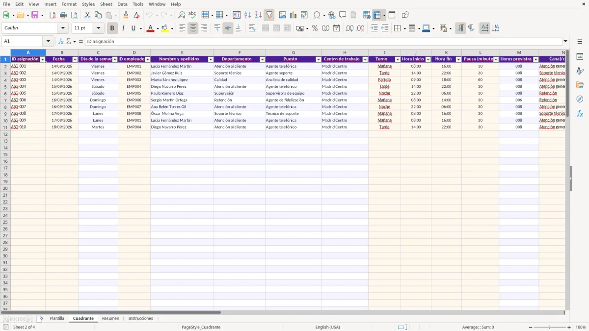 Captura 2: hoja Cuadrante - Plantilla Excel plantilla cuadrante call center excel