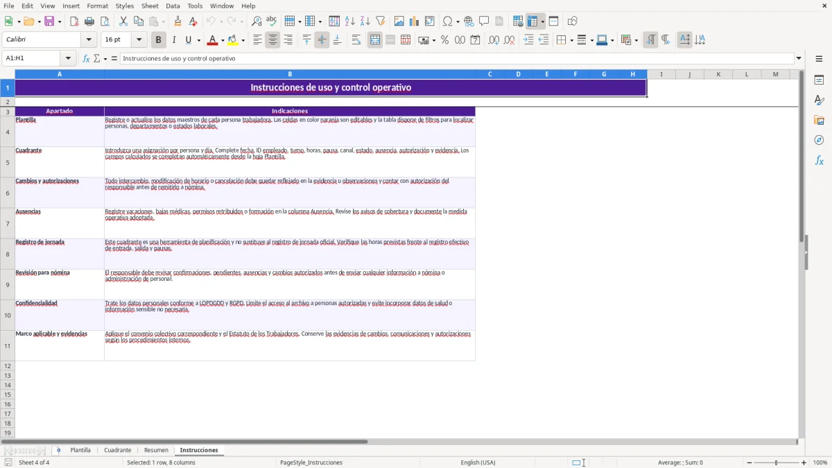 Captura 4: hoja Instrucciones - Plantilla Excel plantilla cuadrante call center excel