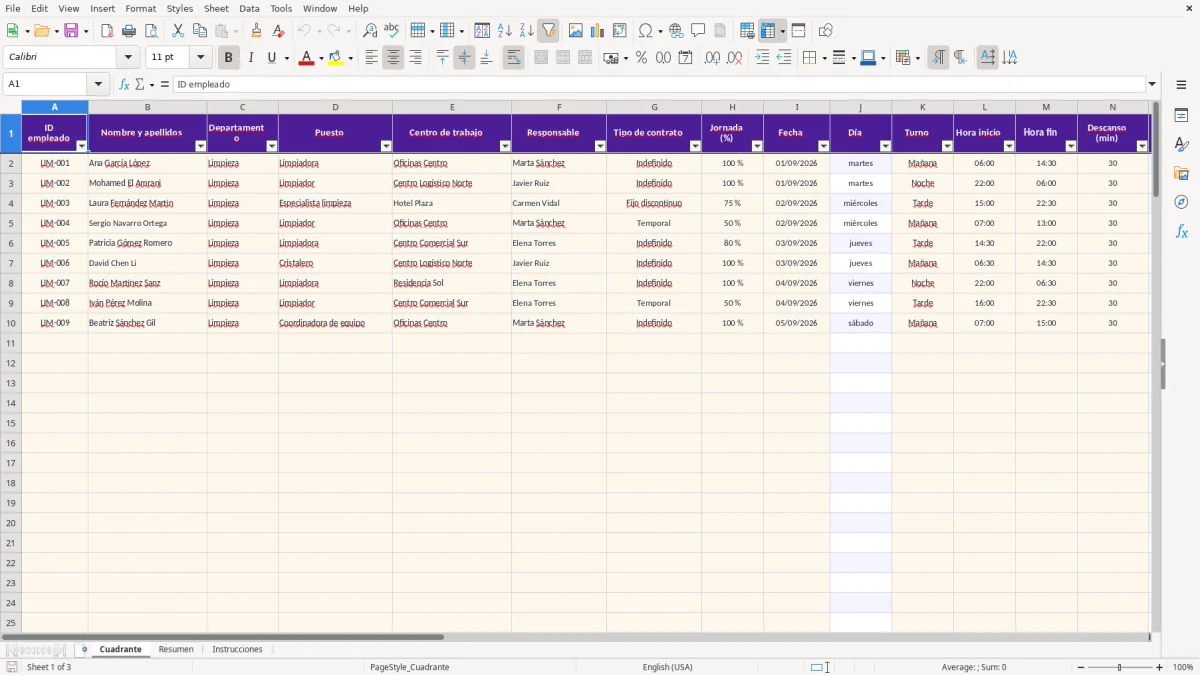 Captura 1: hoja Cuadrante - Plantilla Excel plantilla cuadrante limpieza excel