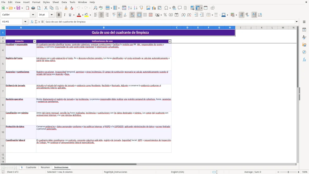 Captura 3: hoja Instrucciones - Plantilla Excel plantilla cuadrante limpieza excel