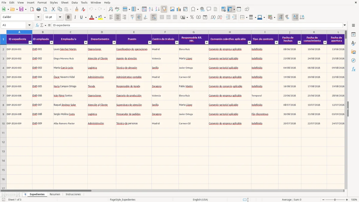 Captura 1: hoja Expedientes - Plantilla Excel plantilla expediente disciplinario excel