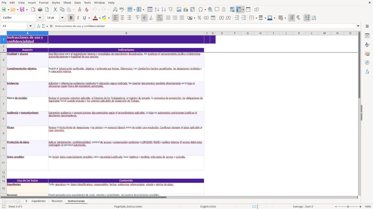 Captura 3: hoja Instrucciones - Plantilla Excel plantilla expediente disciplinario excel