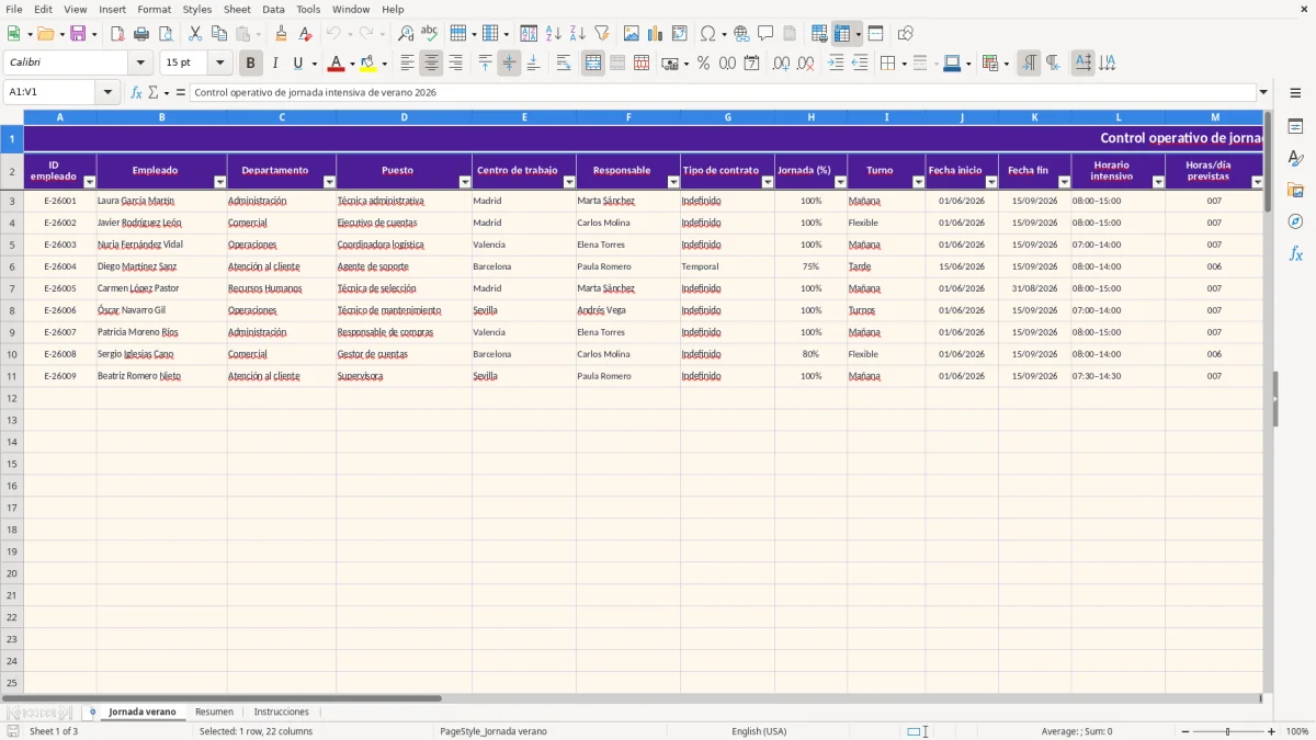 Captura 1: hoja Jornada verano - Plantilla Excel plantilla jornada intensiva verano excel