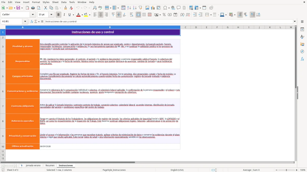 Captura 3: hoja Instrucciones - Plantilla Excel plantilla jornada intensiva verano excel