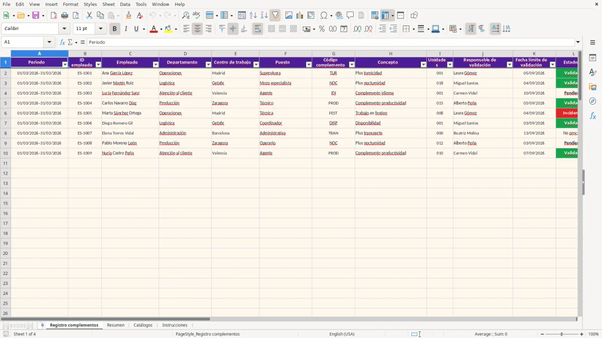 Captura 1: hoja Registro complementos - Plantilla Excel plantilla pluses y complementos excel