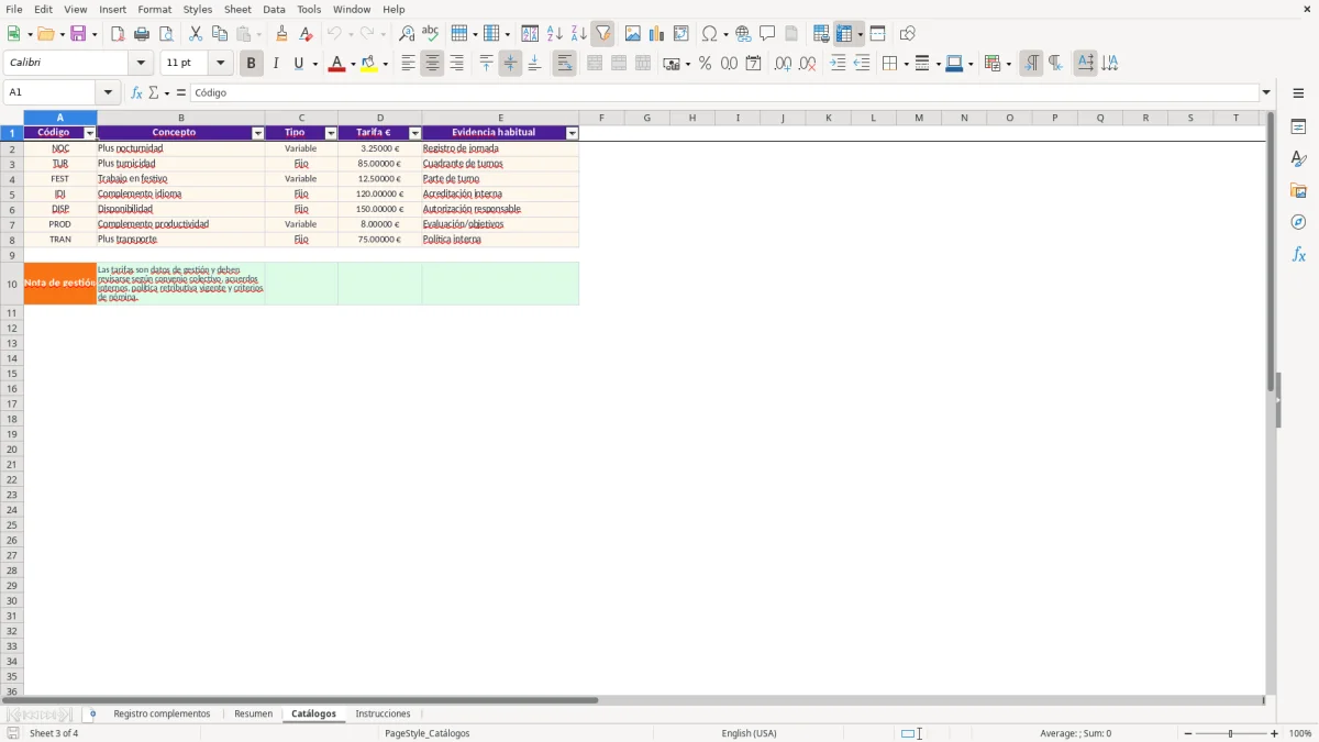 Captura 3: hoja Catálogos - Plantilla Excel plantilla pluses y complementos excel
