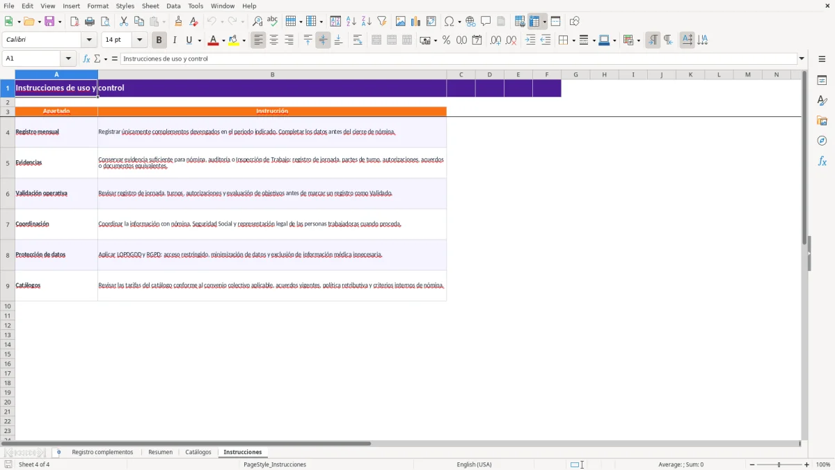 Captura 4: hoja Instrucciones - Plantilla Excel plantilla pluses y complementos excel