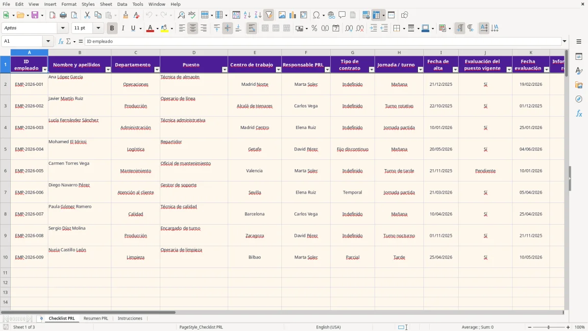 Captura 1: hoja Checklist PRL - Plantilla Excel plantilla prevencion riesgos laborales checklist excel