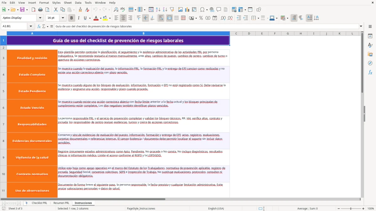 Captura 3: hoja Instrucciones - Plantilla Excel plantilla prevencion riesgos laborales checklist excel