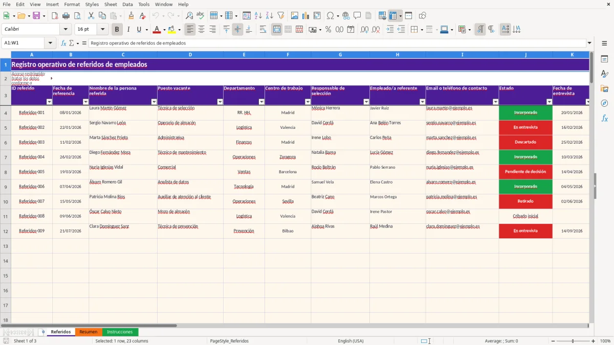 Captura 1: hoja Referidos - Plantilla Excel plantilla referidos empleados excel