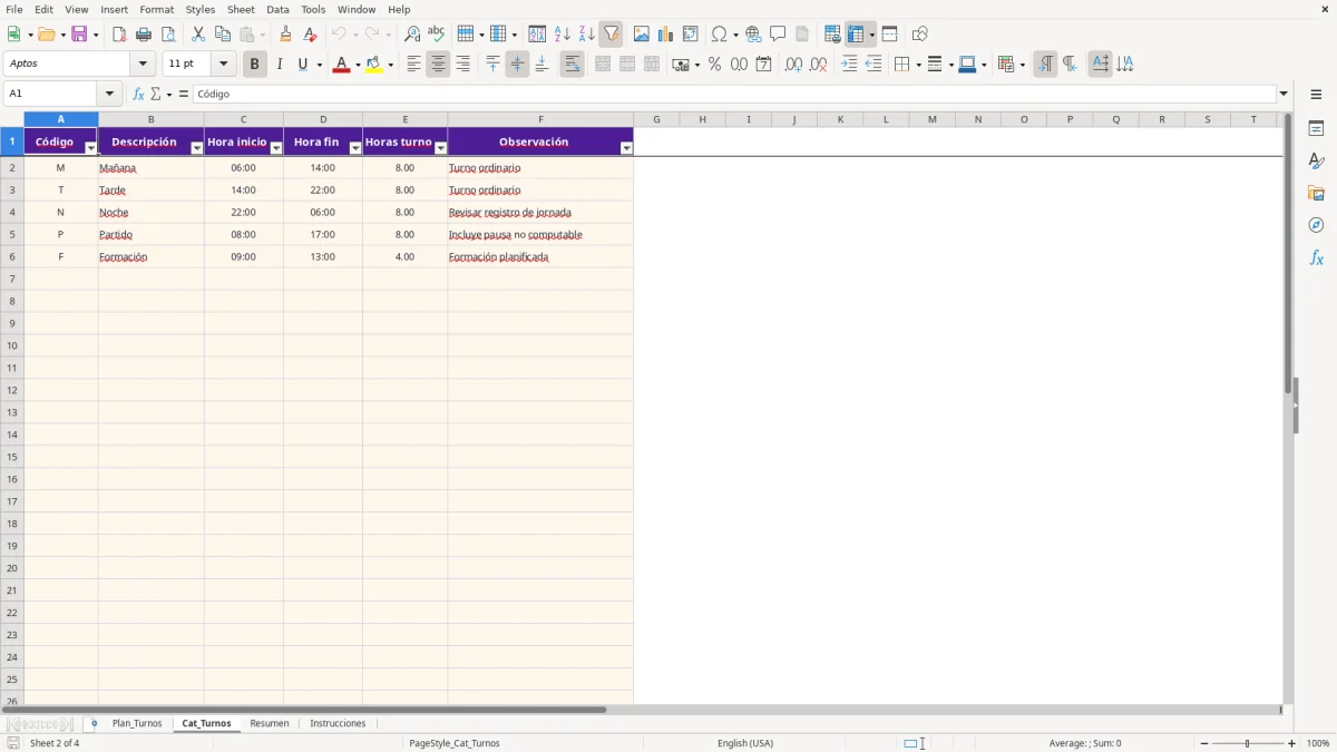 Captura 2: hoja Cat_Turnos - Plantilla Excel plantilla turnos fabrica excel