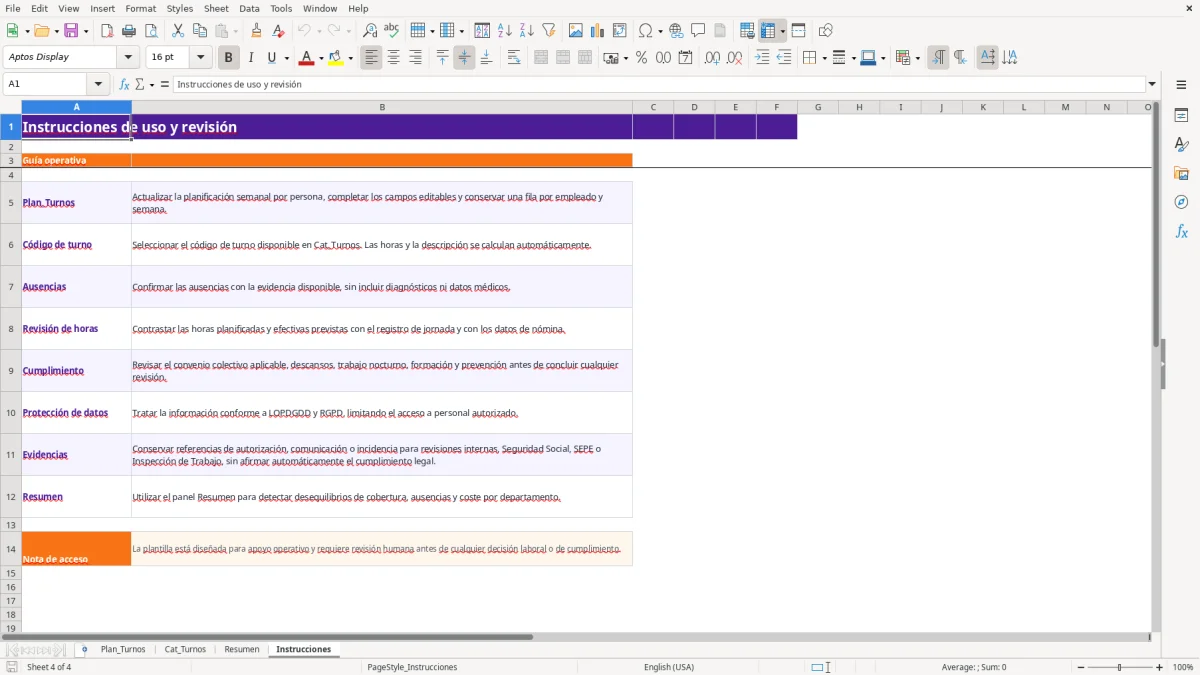 Captura 4: hoja Instrucciones - Plantilla Excel plantilla turnos fabrica excel